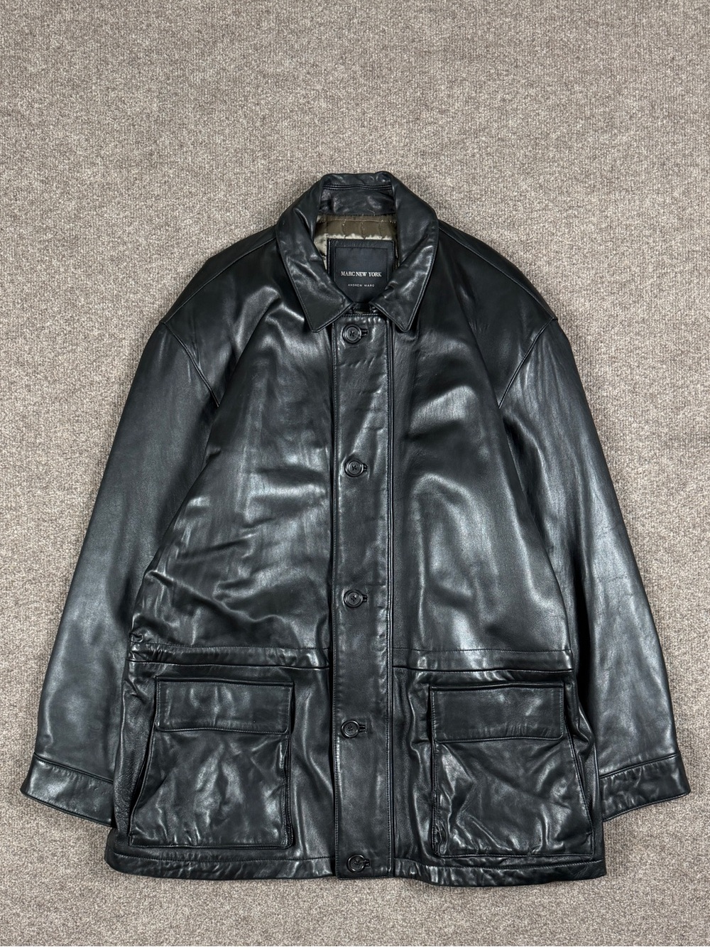 Marc New York Black Leather Button Front Chore Hunting Field Barn Jacket Mens XL
